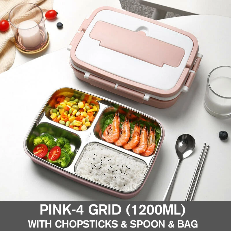 4 Grid Red Ланч-бокс в японском стиле, 304 нержавеющая сталь, бенто, Ланч-бокс с отделением, посуда, контейнер для еды с ложкой, чехол для палочек для еды - Цвет: 4 Grid Red