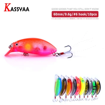 

10pcs/lots Crankbait #6 Feather Fishhooks Baits Kit 60mm 9.6g Plastic Gold Fishing Lure Wobblers Hard Swimbait Wholesale Fishing