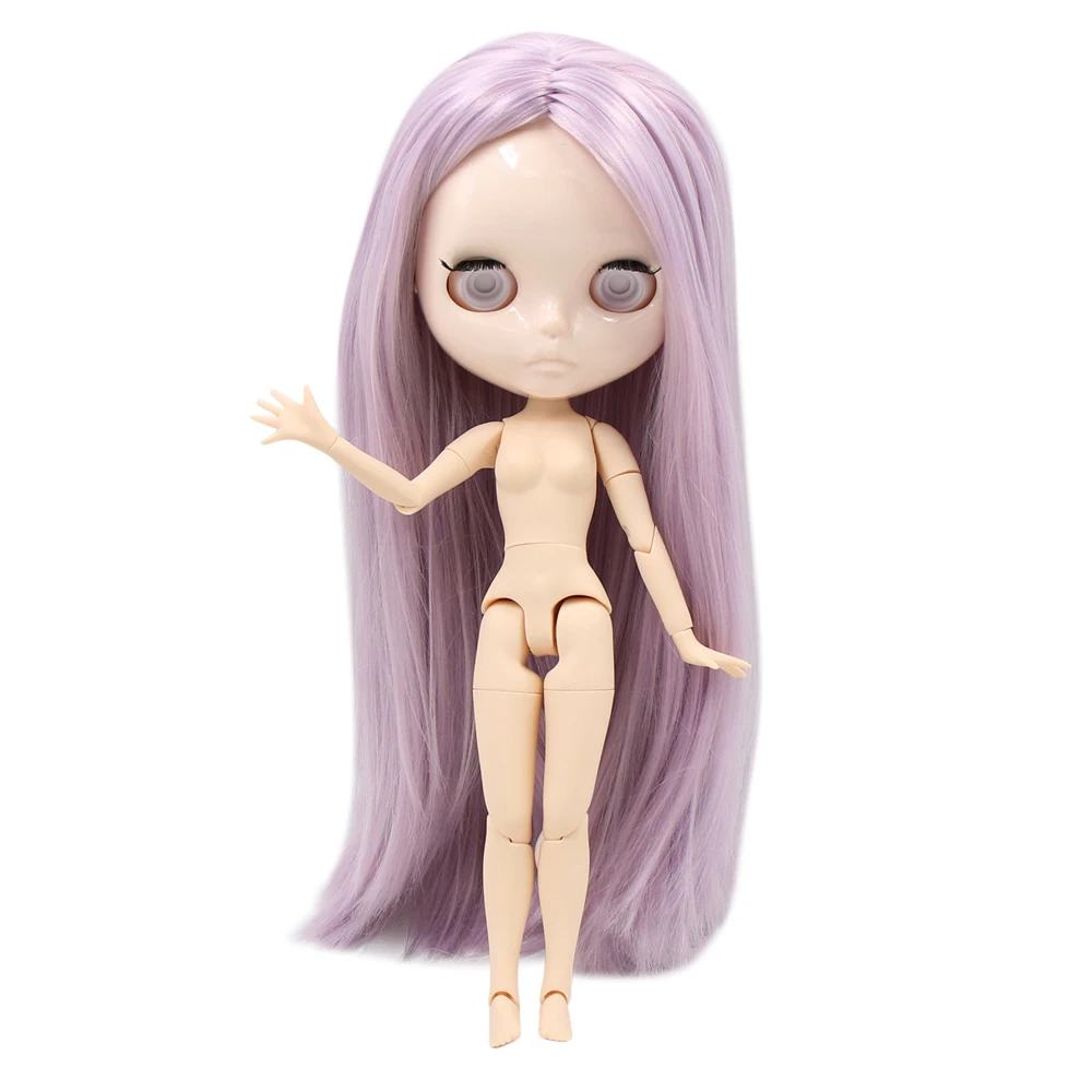 

ICY factory blyth nude doll white skin joint body glossy face without makeup with lips purple mixed pink straigh DIY sd gift toy