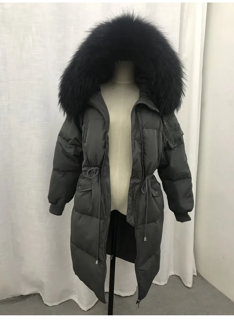 Зима, Южная Корея, Dongdaemun, большой меховой воротник, толстый пуховик средней длины, Женское пальто свободного кроя, большой размер