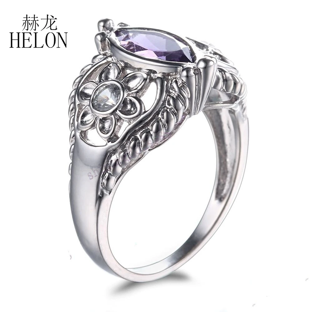 HELON 925 пробы Серебряная маркиза 1.44ct натуральный аметист и белый топаз Обручальное кольцо Изысканные цветы ювелирные изделия кольцо