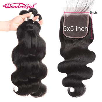 

Wonder girl Brazilian Body Wave Bundles With Closure Remy Human Hair Bundles With Closure 4x4/5x5 Lace Closure With Bundles