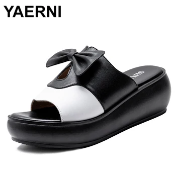 

YAERNI sandals women genuine leather wedges heels slippers woman platform summer shoes butterfly-knot woman thongs