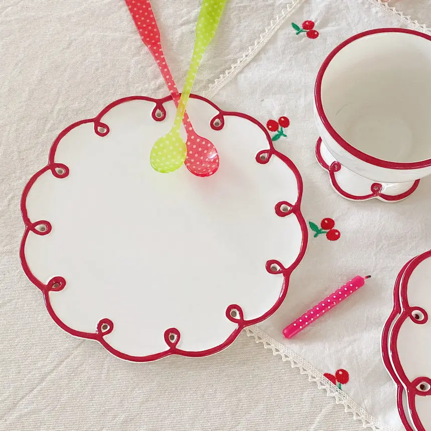 

9 inch French Hollow Kawaii Plate Kitchen Ceramics Dishes Girl Dessert Tableware Fruit Plate Pizza Dishes Dinner Plates