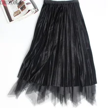 2 многослойное бархатная юбка осень-зима Для женщин Асимметричный Высокая Талия Отделка: тюль, сетка, Реверсивный длинные Плиссированные Юбки-миди черного цвета