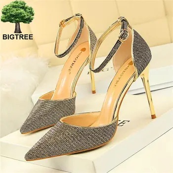 

BIGTREE Pointed Toe Nubuck Leather Ladies Sexy Party Sandal Summer Women Sandals Fashion Buckle Shallow High-Heeled Shoes Woman