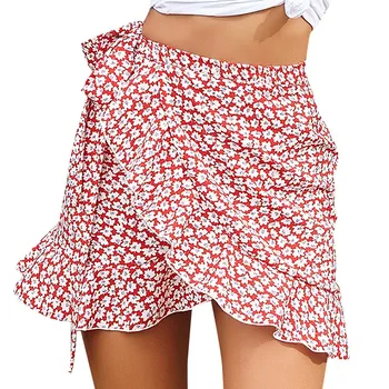 

Mini Skirts Women Summer Ruffle High Waist Bow Tie Skirt Print Skirts