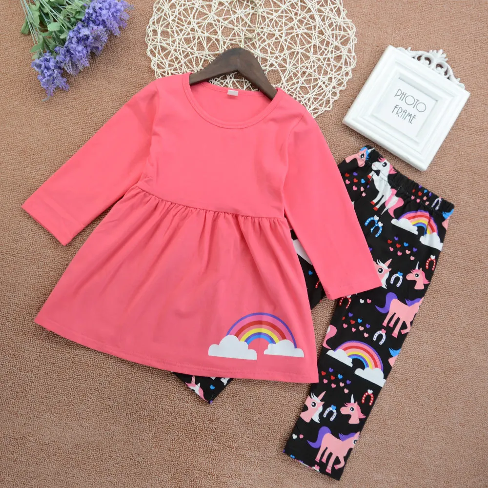 

Childrenswear Autumn Girls New Style Rainbow Printed Long-sleeved Dress Unicorn Printed Leggings Two-Piece Set