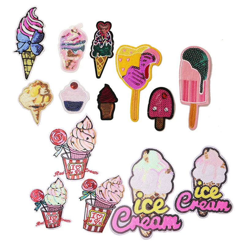 

1 Pcs Cute ice cream sequin icon Embroidered Iron on Patches for Clothing DIY Stripes Clothes Patchwork Stickers Custom Badges