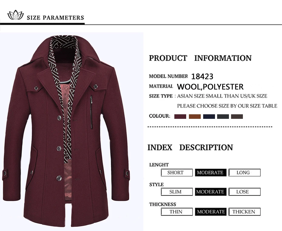 Men Coat Wool Overcoat Turn Collar Warm Jackets Woolen Men Coats And Blends With Scarf Breathable Outwear 18423-5