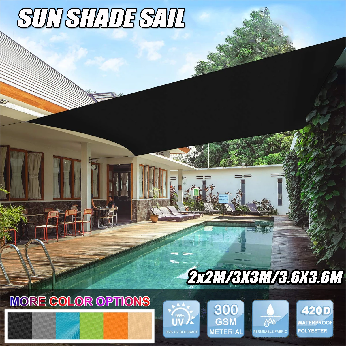 

420D Waterproof Rectangle Awning Shade Sail Sun Outdoor Sun Shelter Shade Sail Garden Patio Pool Camping Picnic Tent