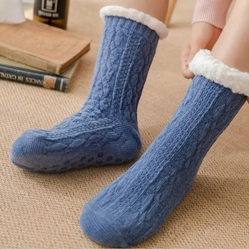 Зимние толстые плюшевые вязаные хлопковые домашние носки женские нескользящие домашние носки теплые Чулочные изделия до середины икры для домашних тапочек