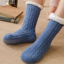 Зимние толстые плюшевые вязаные хлопковые домашние носки женские нескользящие домашние носки теплые Чулочные изделия до середины икры для домашних тапочек