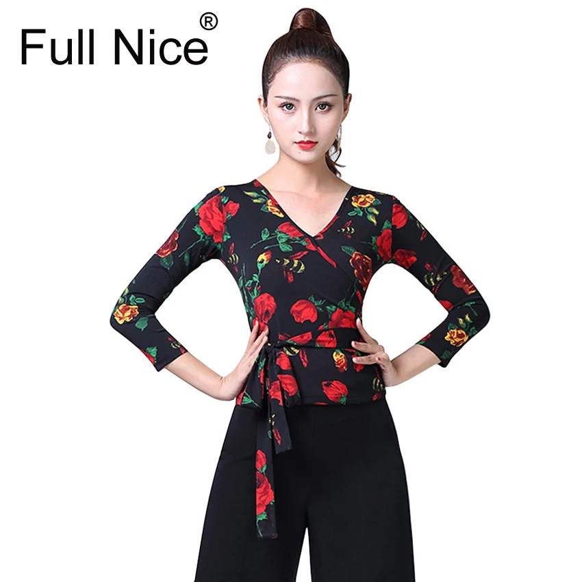 

Women Girl Ballroom dance tops Rose print Belt design Tango Samba Rumba Salsa Dance T-shirt Belly dance costumes Latin dance