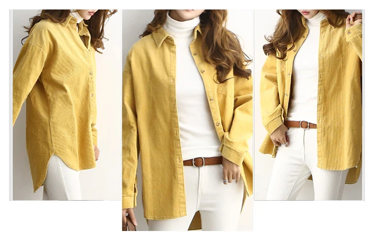 Винтажные женские рубашки с длинным рукавом, женские блузки размера плюс, вельветовые Блузки, женская блузка, желтая Вельветовая рубашка с карманами для женщин