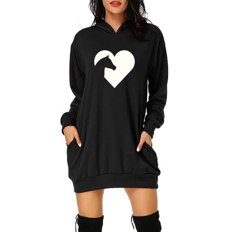 

Horse Harajuku Hoodies Winter Streetwear Funny Sweatshirts Women Clothing Casual Long Sleeve Top Pockets Dress Hoodie