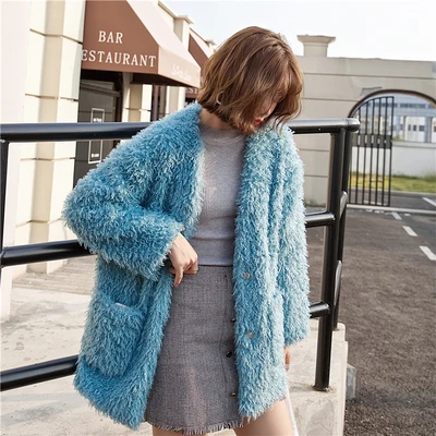 Peacock Blue Осень-зима, новое объемное шерстяное пальто для женщин, модное меховое милое плюшевое пальто с кисточками из искусственного меха, женская повседневная одежда средней длины, топы - Цвет: Peacock Blue