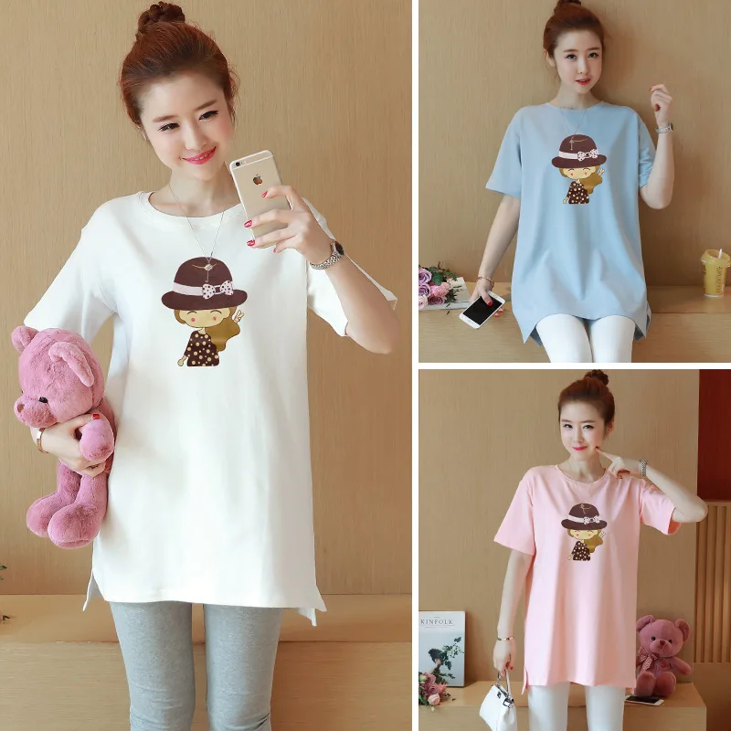 

Maternity Clothes 2019 Summer New Style Fashion Korean-style Cartoon Pure Cotton Short-sleeved T-shirt Summer Wear Mid-length Ma