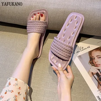 

Summer Outdoor Indoor Womens Slippers 2020 New Flat Beach Slides Fashion Square Toe Non-Slip Sandals Student Leisure Beach Shoes