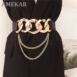 Punk Big Gold Chain Buckle Belts For Women Fashion Long Tassel Chains Black Waistband  HOT New Ladies Dress Party Decorate Girl