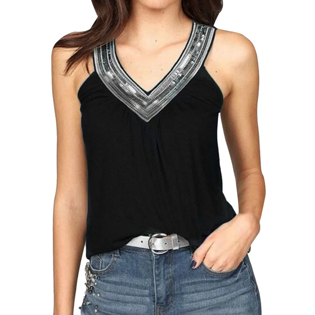 Sexy Vest Woman Women Fashion Sequins Plus Size Fashion Summer V-Neck Vest Tops blusas femininas de ver o