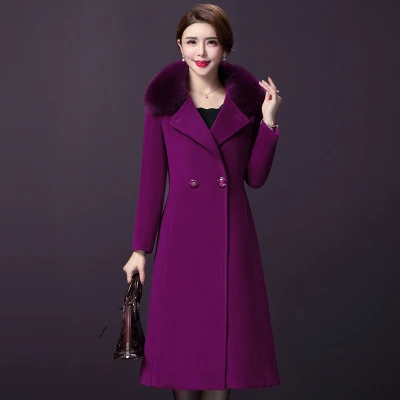 purple Лацкан Лисий мех воротник Женское шерстяное пальто куртки модные высококачественные элегантные длинные тонкие зимние пиджаки Casaco feminino Плюс Размер f1613 - Цвет: purple