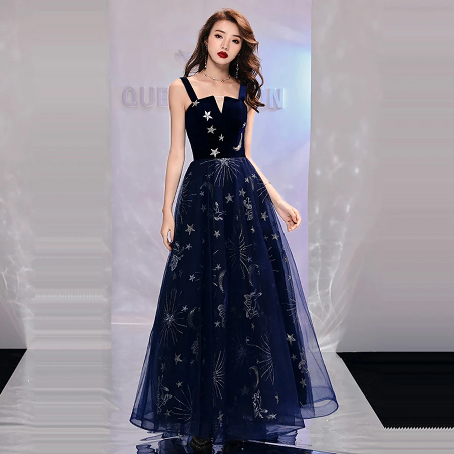 

Evening Gown 2019 Shining Stars Pattern Long Formal Dress E097 Spaghetti Strap Robe De Soiree Navy Blue Women Party Dresses
