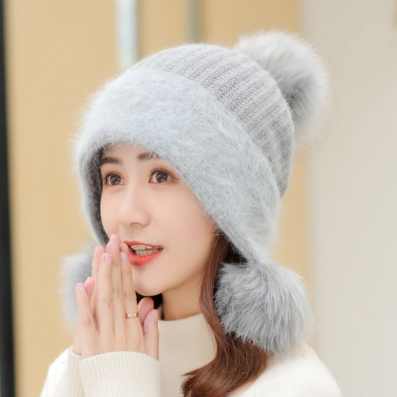 Новые женские зимние трикотажные изделия из кроличьей шерсти, шапки, толстые теплые шапочки, шапка с тремя помпонами, зимняя Лыжная шапочка, милая шапочка
