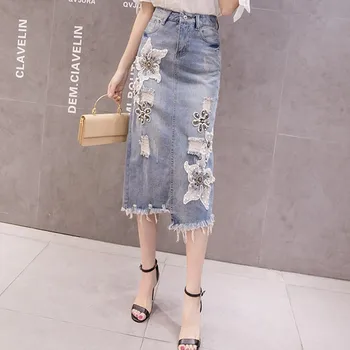 

Asymmetrical Tassel Florl Embroidered Flares Women Denim Skirts Medium Length Back Split Hole Ripped Ladies Straight Wrap Skirts