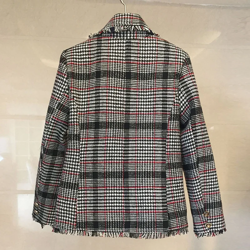 Women Runway Diamonds Wool Tweed Jacket Coat Notched Golden Plaid Tassels Basic Jacket Outerwear blazer feminino chaqueta mujer