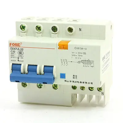 

6000A Overload Protection 3P+N Circuit Breaker DZ47LE-32 400VAC 32 Amp