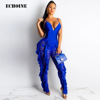 

Echoine Spaghetti Strap Sexy Lace Ruffle Hollow Out Jumpsuit Evening Party Club Outfits Slim Bodycon Female Playsuit Rompers