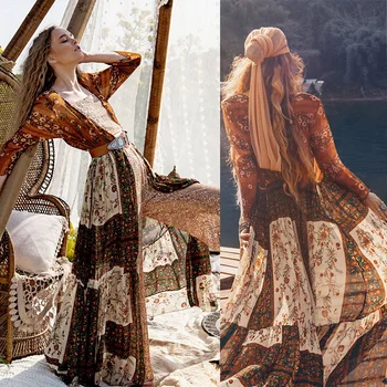 

ZOGAA AliExpress Explosion Bohemian Vacation Splicing Printed Round Neck Long Sleeve Long Split Dress