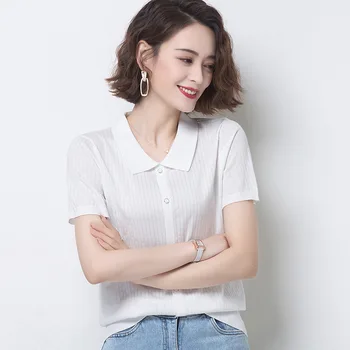 

Fashionable Casual Short Sleeve Lapel Button Solid Color Sweater Lady red