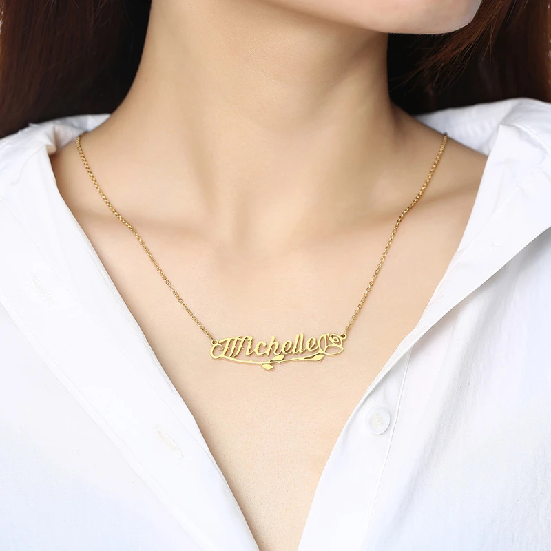 Custom Leaf Name Necklace Stainless 
