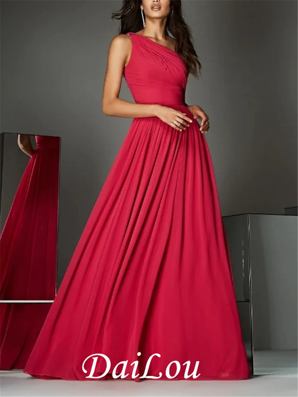 Aline Empire Wedding Guest Formal Evening Dress One Shoulder Sleeveless Chiffon With Pleats