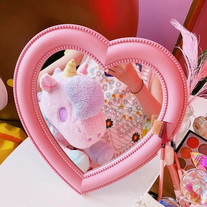 HD Cute pink Heart-shaped Dual Use Wall Mount Makeup Mirror Portable Desktop Plastic Vanity Mirror Make Up Tool