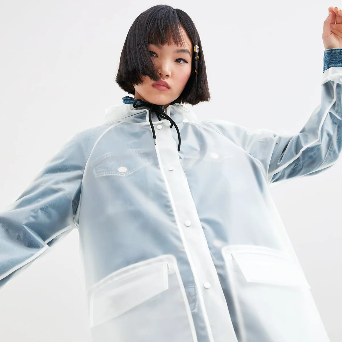 

Europe And America Fashion Adjustable Hood Long Sleeve Patch Pocket Contrast Color Rolloff Printed Translucent Simple Mid-length