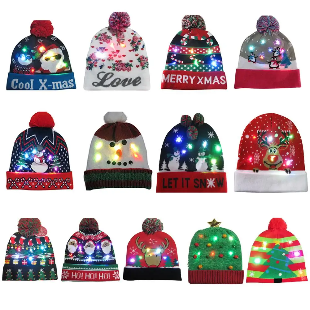 

Christmas Hats Beanie Sweater LED Light Knit Hat Santa Elk Hat Light Up Knitted Hat For Kids Adult Gift 2020 Merry Christmas