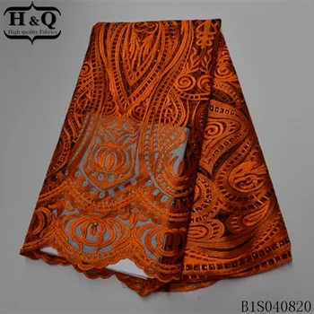 

H&Q orange african lace fabric embroidered with beads and stones 5 yards/piece french net laces mesh fabrics for garment sewing
