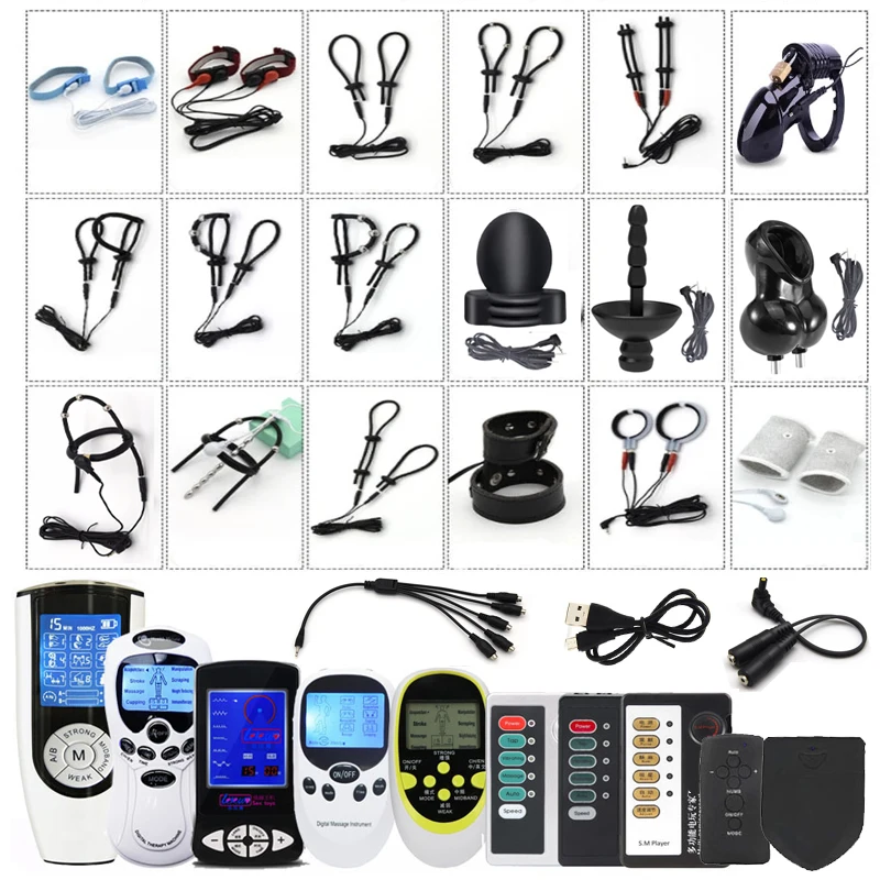 BDSM Power Box Cable Electro Shock Penis Ring Electro Stimulate Massage Glans Trainer Cock Cage Penis Plug Men Sex Toy