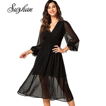 Suzhan, Осеннее сексуальное кружевное платье с v-образным вырезом, черные вечерние платья с рукавами-фонариками, женские облегающие платья с высокой талией, Vestidos