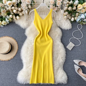 

2020 sexy Slim v neck Knitted Midi Dress tank sundresss vestido de fiesta split Summer Party Women Casual Knee Length dress