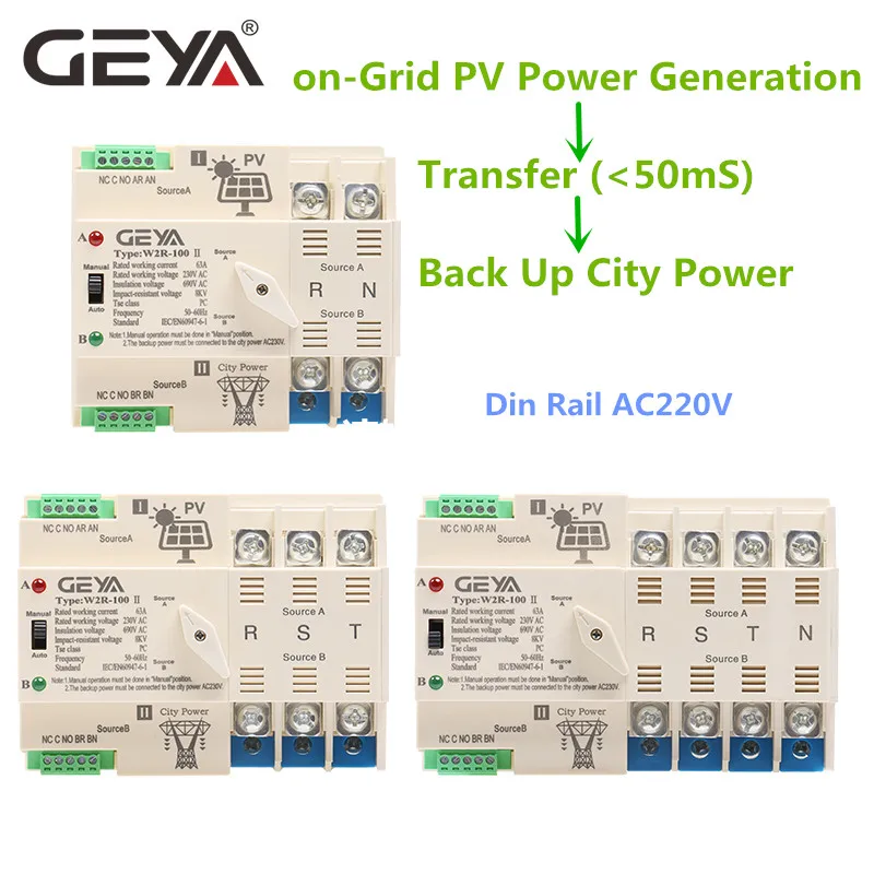 NEW GEYA on-Grid Solar Power Automatic Transfer Switch Din Rail 2P 3P 4P 63A AC220V ATS PV System Power to City Power