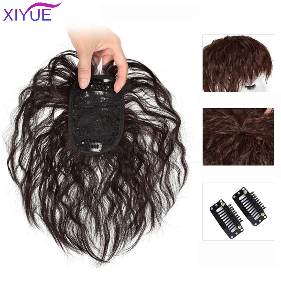XIYUE Natural Black Brown Hair Topper With Bangs Clip In Hair Extensions Hairpieces Heat Resistant Fiber For Women