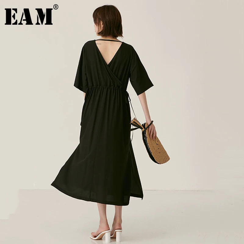 

[EAM] Drawstring Side Split Backless Thin Women Dress New V-Neck Half Sleeve Loose Fit Fashion Tide Spring Autumn 2019 JZ052