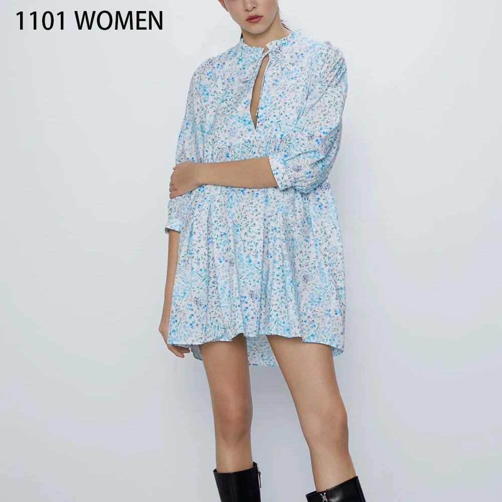 Женское платье с длинным рукавом ZA синее до колена цветочным принтом и круглым