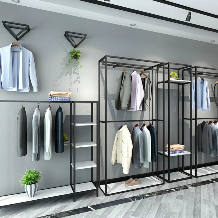 

Entire Store Customizable Simple Iron Art Men'S Wear Clothing Store Cloth Rack Floor-type Display Composite Shelf Showing Stand