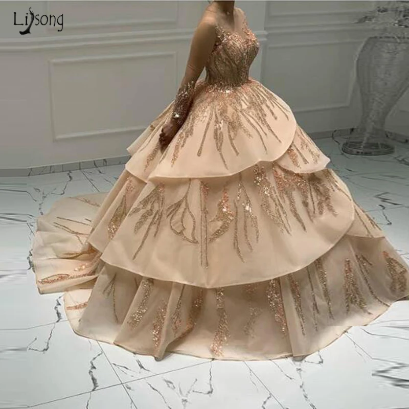 Robe de soiree арабское бальное платье вечерние платья элегантные вечерние платья с длинными рукавами Дубай блесток Многоуровневое вечернее платье - Цвет: Шампанское