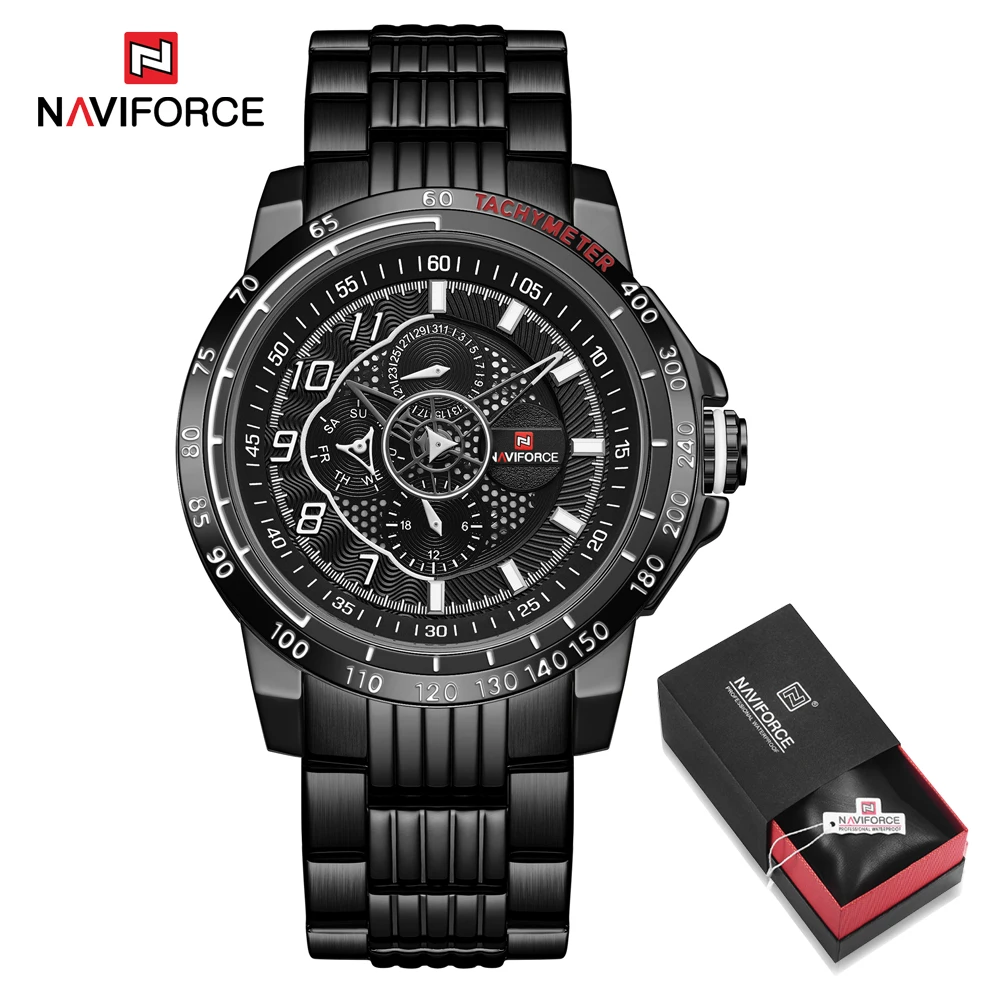 NAVIFORCE новые модные мужские часы золотые кварцевые наручные часы мужские многофункциональные золотые наручные часы Мужские часы Relogio Masculino - Цвет: Black in Box